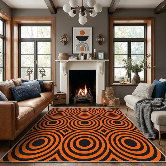 Retro Rings Area Rug 6x9, Optical Geometric Circle Rug, Bold Retro Pattern Carpet for Living Room Bedroom, Non Slip Soft Area Rug