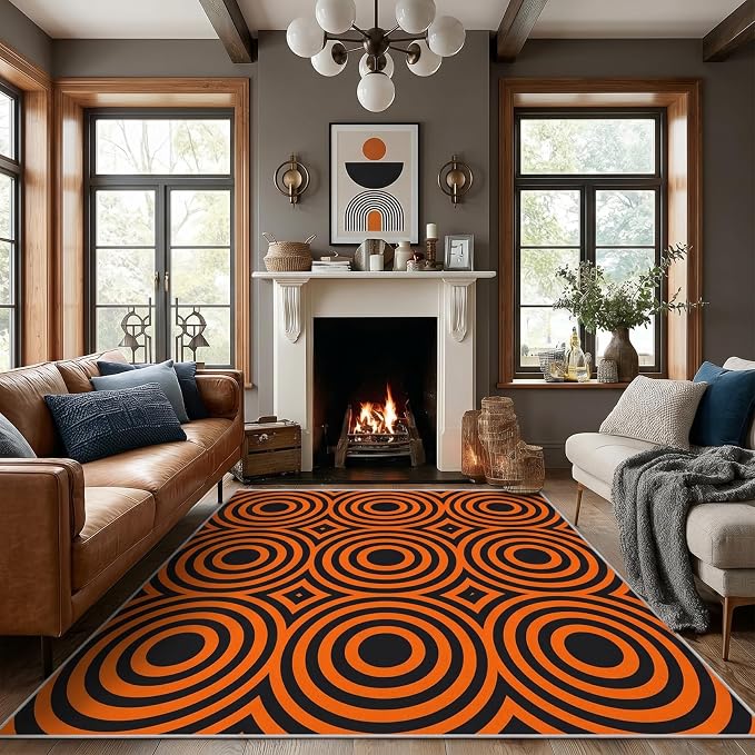 Retro Rings Area Rug 5x7, Optical Geometric Circle Rug, Bold Retro Pattern Carpet for Living Room Bedroom, Non Slip Soft Area Rug