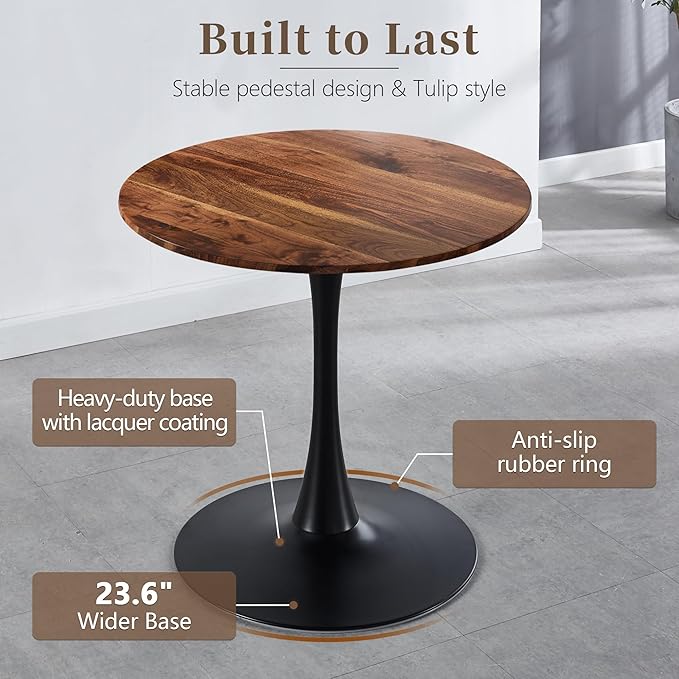 31.5 Inch Round Dining Table,Mid-Century Tulip Table with Metal Pedestal Base,Modern Leisure Table for Small Space Kitchen Dining Room,Easy Assembly,Walnut and Black