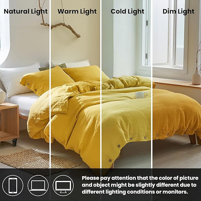 Simple&Opulence 100% Linen Duvet Cover Set 3pcs with Coconut Button Closure Natural French Washed Flax Solid Color Soft Breathable Farmhouse Bedding - Mustard Yellow, King Size