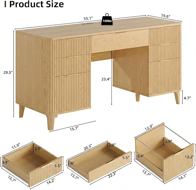 Wooden Desk with Drawers, 55" Fluted Executive Desk with Storage Cabinet, Wood Home Office Desk with File Cabinet, Modern Computer Writing Desk for Study, Living Room, Bedroom