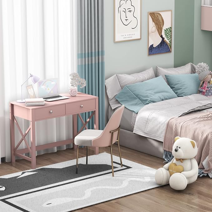 WiberWi Home Office Desk with Drawers, Modern Writing Computer Desk for Bedroom, Small Makeup Vanity Table Study Table for Home Office,Pink