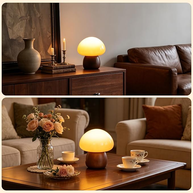 Wooden Base Small Table Lamp for Bedroom 60W Mushroom Table Lamps Gradient Colored Glass Shade Modern Side Table and Desk Lighting H 8.07 in (The Light Bulb is Included)