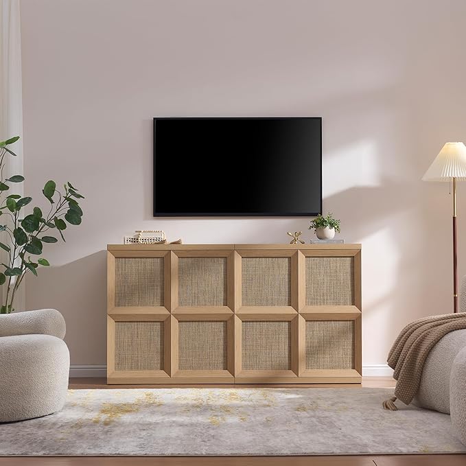 VividVibe Sideboard Buffet Cabinet with Storage, 62.9”Large Boho Credenza with 4 Doors, Coffee Bar Cabinet Farmhouse Modern for Entryway Living Room Natural Oak