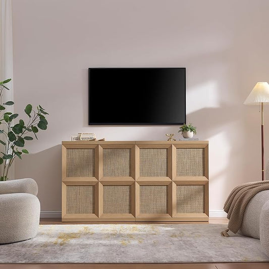 VividVibe Sideboard Buffet Cabinet with Storage, 62.9”Large Boho Credenza with 4 Doors, Coffee Bar Cabinet Farmhouse Modern for Entryway Living Room Natural Oak