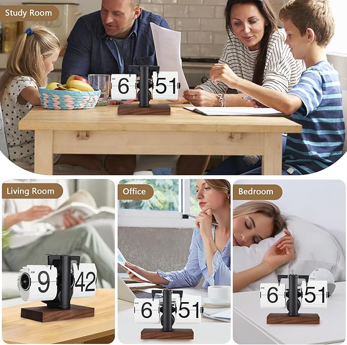FOSA Flip Desk Clock, Retro Vintage Mechanical Flip Clock with Large Numbers, Silent Desk Table Clock with Wood Base for Home Office Desk Decor Living Room Study Room (Black)