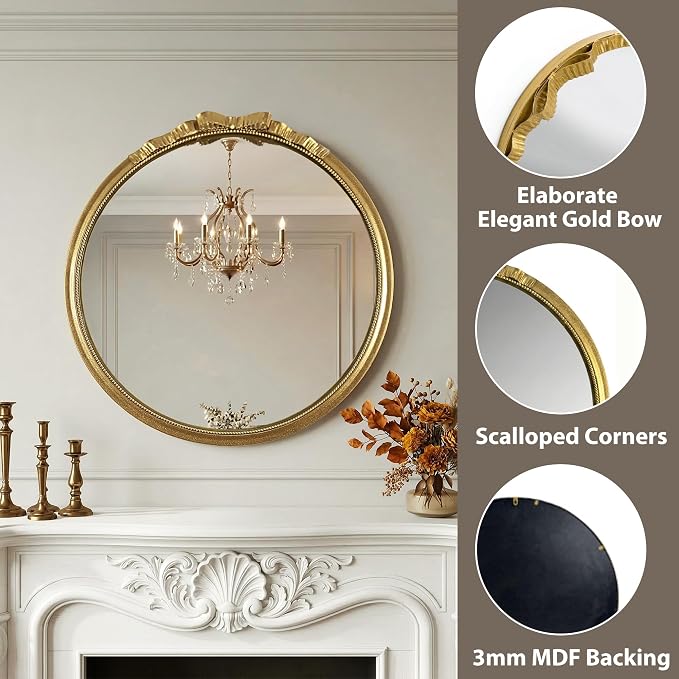 Round Gold Mirror - Modern Wall Mounted Mirror with a Bow Design: 28"x28" Large Matt Gold Antique Wall Decor - Elegant Clean Ornate for Entryway/Fireplace/Bathroom/Hallway