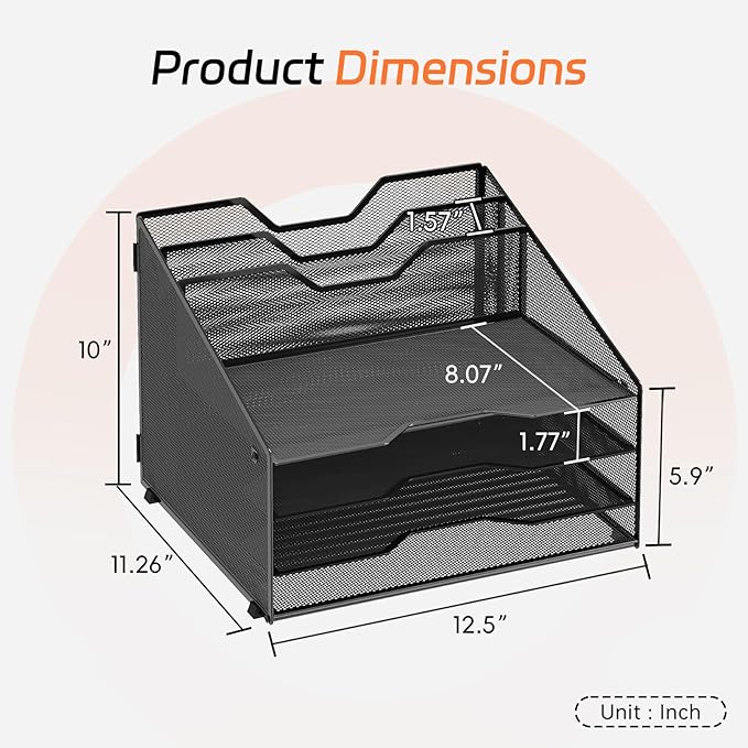 SUPEASY Desk File Organizer with 4 Letter Trays and 2 Vertical Sections, Heavy-Duty Metal Mesh Paper Organizer for Office, Home, Workspace – Black