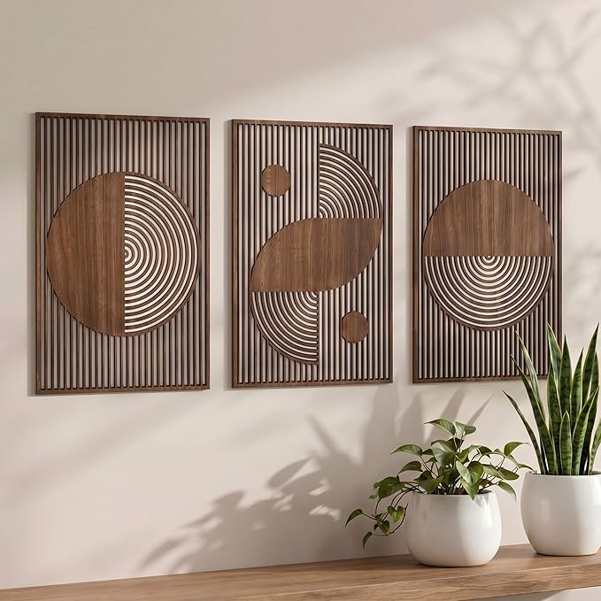 Yerliker 3 Pcs Mid Century Modern Wood Wall Art Decorations 3D Geometric Abstract Wall Sculpture for Living Room Bedroom Office Minimalist Aesthetic (Mid-century Modern,15.75 x 15.75 x 1.97 Inch)