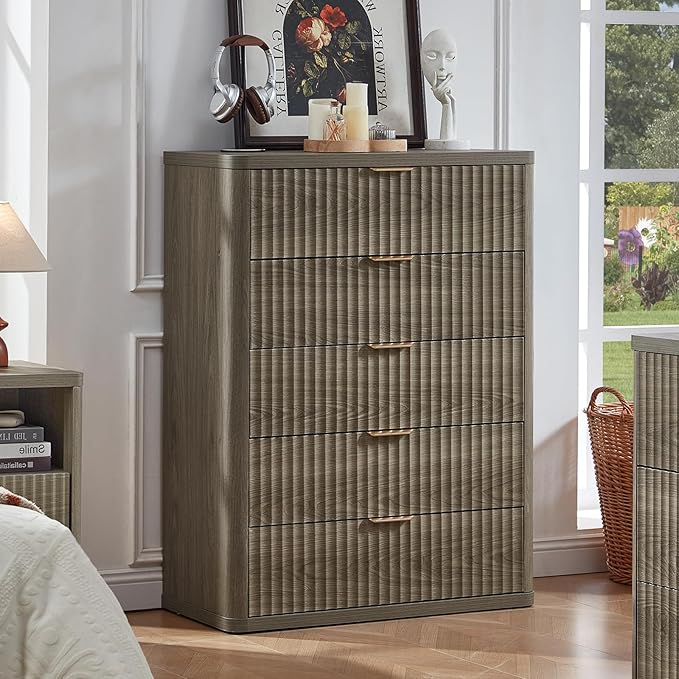 LEYAOYAO Fluted 5 Drawers Dresser Set of 2, 41" Tall Modern Chest of Drawers with Metal Handle, Curved Profile Dresser TV Stand, Wooden Drawer Organizer for Bedroom, Living Room, Hallway,Grey