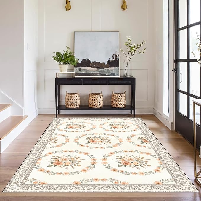3'x5' Boho Floral Area Rug Vintage Peach Rose Carpet Non-Slip Washable Floor Mat Neutral Aesthetic Botanical Rug for Entryway Bedroom Living Room Nursery Kitchen Playroom Home Decor