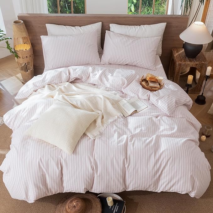 MooMee Striped Duvet Cover Set 100% Washed Cotton Linen Like Textured Breathable Durable Soft Comfy (Heathered Greyish Pink Classic Stripes, Palatial King/Oversized King 120"x98")