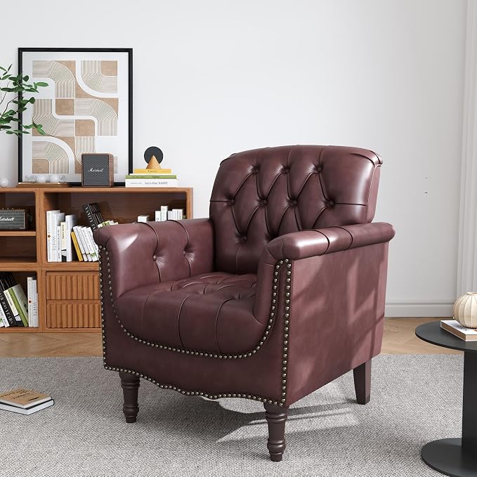 Faux Leather Accent Chair for Living Room, Tufted Arm Chair Retro Upholstered Club Armchair with Solid Wood Legs, Burgundy Red