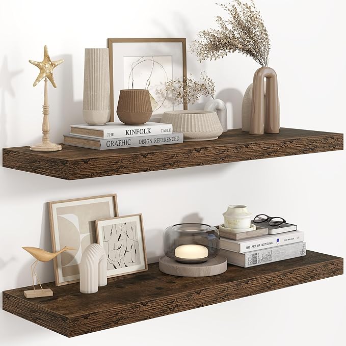 36"W x 9.3"D Floating Shelves for Wall, Wall Mounted Bathroom Shelves 2 Pack Deep Floating Shelf for Bedroom Kitchen Living Room, Rustic Wooden Wall Shelf with Invisible Bracket for Books Decor
