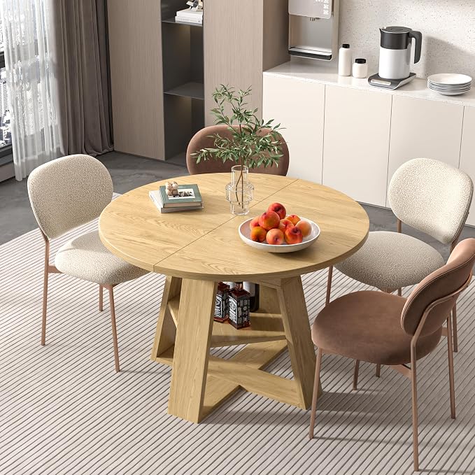 43.3in-59in Extendable Round Dining Table for 4-8,Modern Kitchen Oval Dining Table with Removable Leaves Space Saving,Wood Base with Storage Shelf for Kitchen Living Room (Wood Color)
