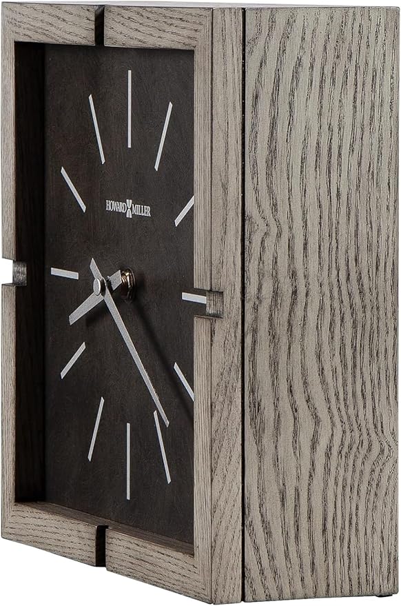 Howard Miller Fortin Mantel Clock - Woden Square Tabletop Timepiece, Battery Operated Analog Desk Clock, Gray Finish, Silver Hands, Quartz Movement, Vintage, Ideal Living Room, Home and Office Decor