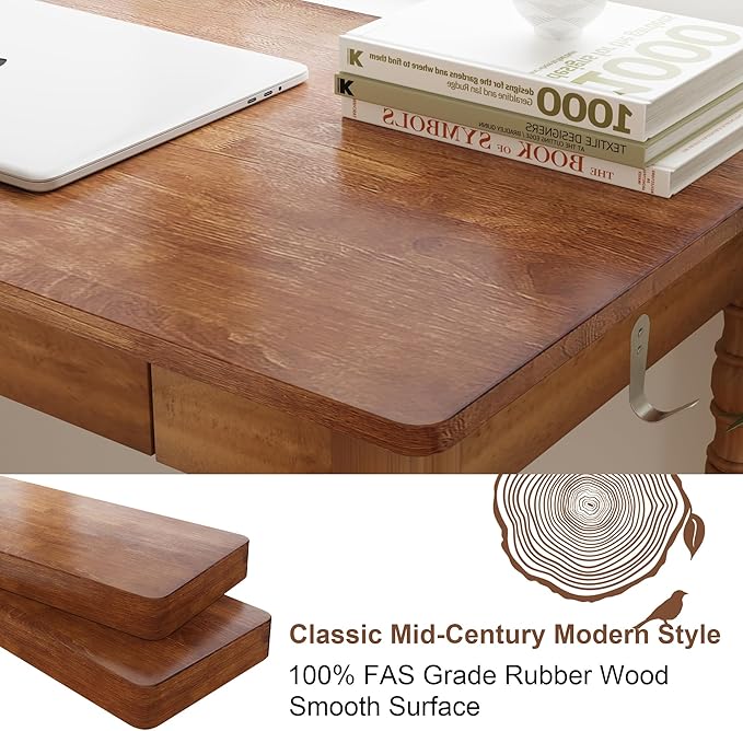 Mid Century Modern Desk, 47" Vintage Solid Wood Desk with 2 Drawers, Boho Writing Desk Computer Table for Home, Office, Bedroom, Living Room