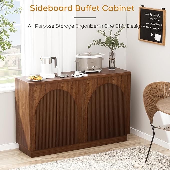 Yechen Walnut Fluted Sideboard Buffet Cabinet with Arched Reeded Design Doors, Mid Century Modern Credenza Storage Cabinet with 2 Adjustable Shelves Inside, for Living Room Kitchen Dinning Hallway