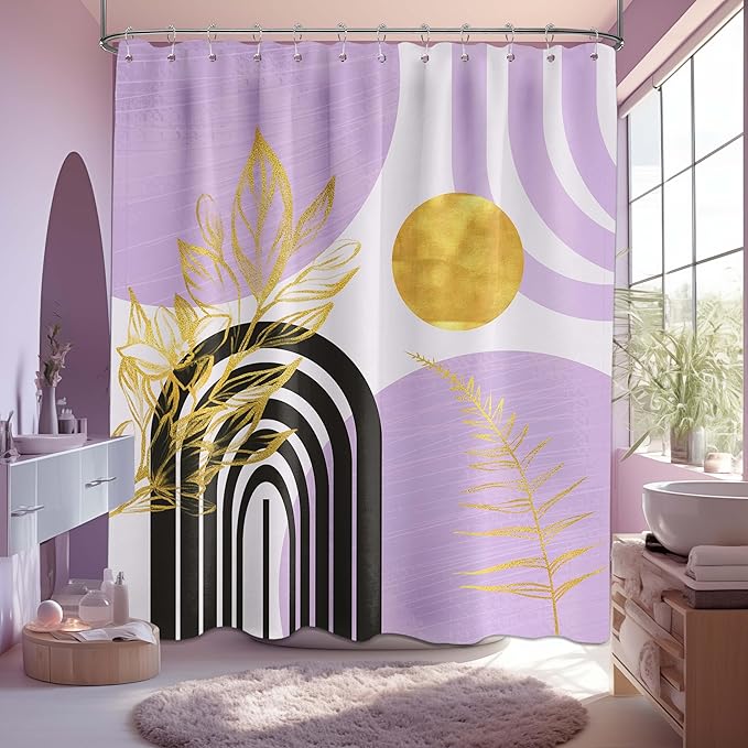 Mid Century Modern Black and Purple Shower Curtain Boho Lavender Light Purple and Gold Shower Curtains for Girls Bathroom Decor Sets, Waterproof Cloth Fabric with Hooks, 70x72in
