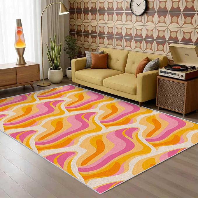 70s Retro Rug 3x5 Colorful Zebra Striped Groovy Pattern Area Rugs for Living Room, Bedroom, 70s Retro Home Decor Accessories Indoor Carpet, Non Slip & Machine Washable, GD0344