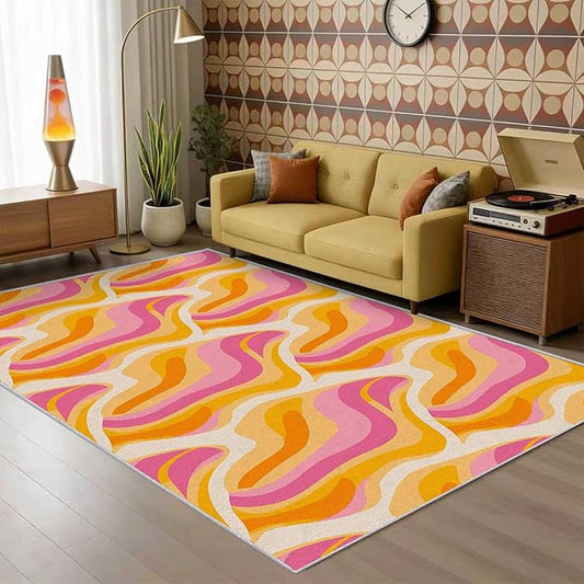 70s Retro Rug 6x9 Colorful Zebra Striped Groovy Pattern Area Rugs for Living Room, Bedroom, 70s Retro Home Decor Accessories Indoor Carpet, Non Slip & Machine Washable, GD0349