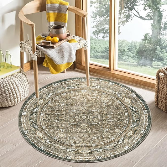 OPPODREAM Vintage Brown Round Rug 3ft, 3 ft Retro Washable Circle Rug Non Slip, Low-Pile Faux Wool Circular Carpet, Distressed Floor Mat for Living Room, Bedroom, Office, Dorm, Dinning Room