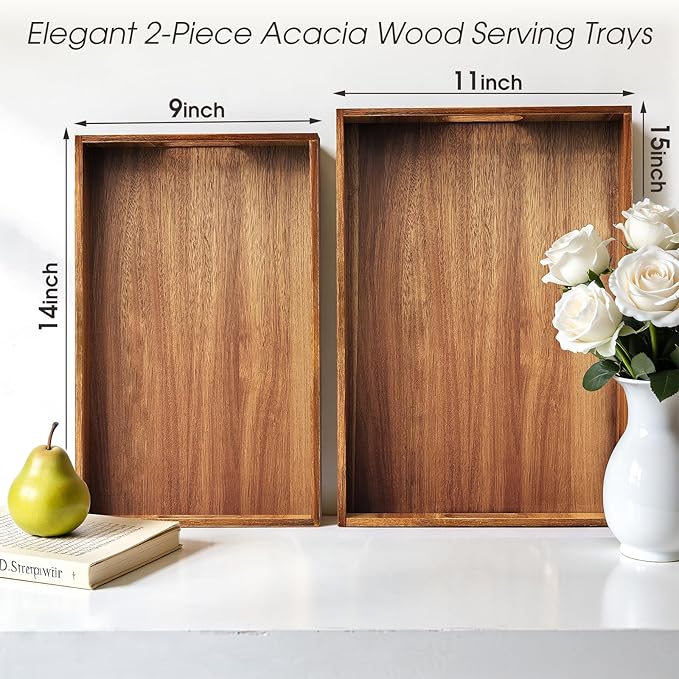 Serving Trays - 2 Pack, Acacia Wood Serving Platters with Ergonomic Handles, Versatile Rustic Decorative Trays for Breakfast, Brunch, Dinner, Coffee Table, Party, Kitchen-M