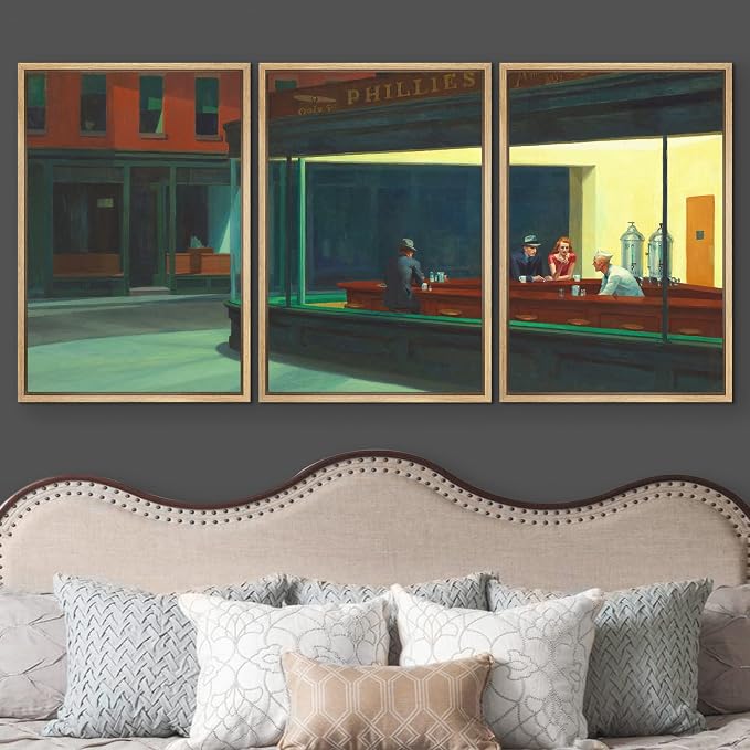 wall26 Framed Canvas Print Wall Art Set Nighthawks by Edward Hopper Cultural Historic Oil Painting Fine Art Reproduction Scenic Colorful for Living Room, Bedroom, Office - 24"x36"x3 Natural