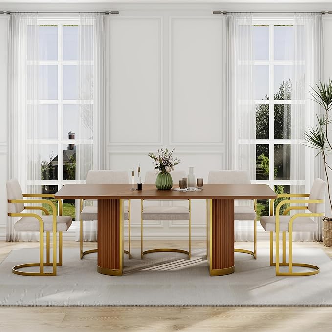 AUZ 78in Farmhouse Dining Table for 4-8, Rectangular Wood Kitchen Table with Walnut Veneer Top and Roman Column Legs, Large Dining Room Table for Dining Room, Living Room