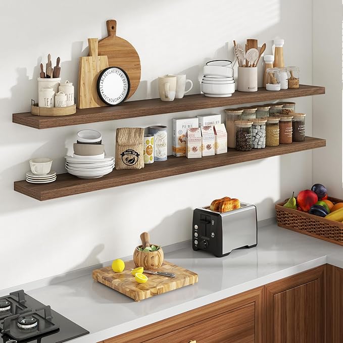 72 Inch Floating Shelves, 8 Inch Deep Floating Shelves for Wall, Hanging Shelf with Invisible Brackets, Deep Shelves for Bathroom, Bedroom, Living Room, Walnut, Set of 2