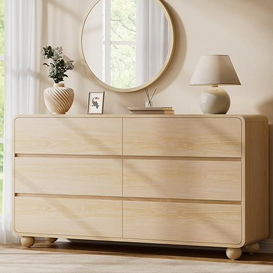 Lulive Wood Dresser for Bedroom, 53” Wide Chest of Drawers with 6 Drawers, Modern Closet Storage Drawer with Curved Profile Design for Living Room, Hallway, Entryway, Natural