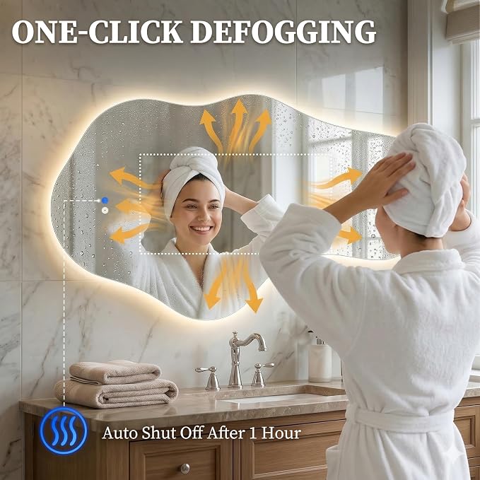 Irregular LED Bathroom Mirror with Lights, Backlit Vanity Mirror for Wall, Asymmetrical Wall Mirror, 3 Color Dimmable Anti-Fog Smart, Decorative Mirror for Bathroom, Entryway(24″ x 40″, 1 Pack)