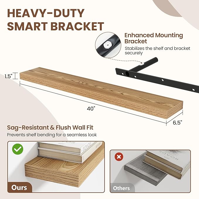 40 Inch Floating Shelves for Wall 2 Pack, 40" Wall Shelves for Books, Storage, Decor, Wall Mounted Floating Shelf with Invisible Brackets for Kitchen, Living Room, Light Brown