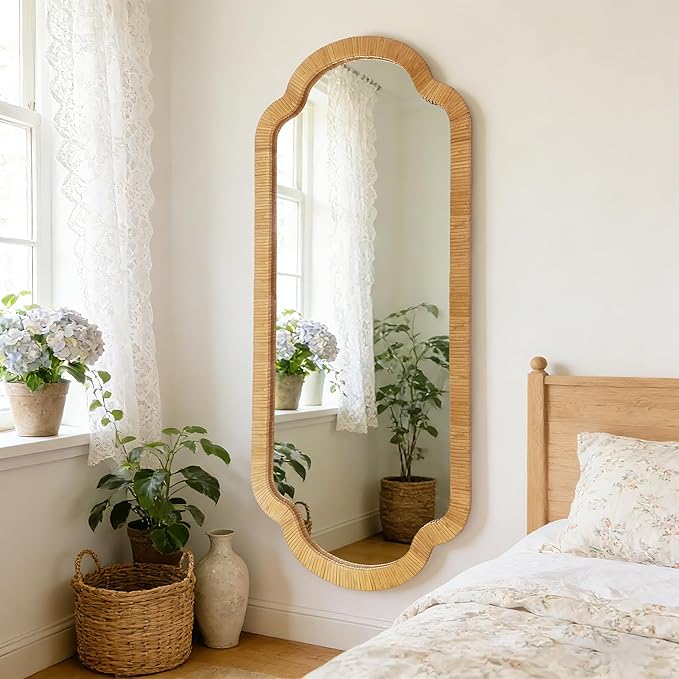 BAODANFU Rattan Wall Mirror,18" x 40" Handwoven Scalloped Decorative Mirrors, Boho Wicker Vanity Mirror for Bedroom, Dressing Closet Living Dining Room, Decor of Entryway Hallway Stairwell