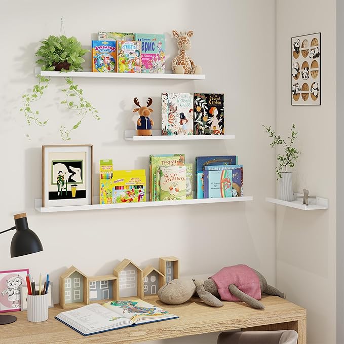 Axeman Picture Ledge Shelf | 16 Inch White Floating Shelves Set of 3 | Rustic Wood Wall Shelves with Lip | 16" White Picture Shelf for Wall with Ledge | Photo Shelves