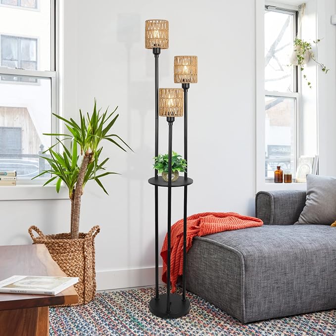 Boho Floor Lamp with Shelves, 3-Lights Farmhouse Tall Floor Lamp with ON/Off Foot Switch, Rustic Standing Lamp with Rattan Shades for Living Room Bedroom Office