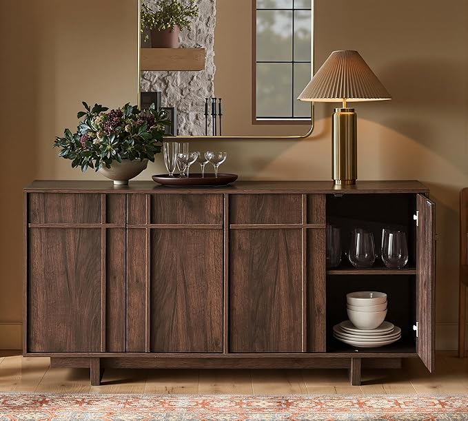 Sideboard Buffet Cabinet with Storage, Mid Century Modern Accent Cabinet with Skeleton Line & Wood Grain Texture,Minimalist Geometric Credenza for Living Room, Kitchen and Entryway, Walnut