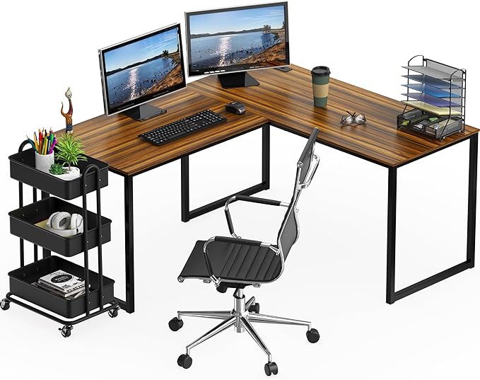 SHW Mission 55 x 60 Inches L-Shape Home Office Computer Desk, Walnut