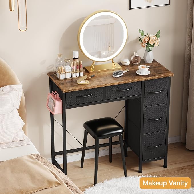 HIGDBFE Small Desk with 5 Fabric Drawers, 33 Inch Writing Desk for Home Office, Simple PC Desks for Small Place, Kids Girls Teen Study Table Vanity for Bedroom, Dorm, Rustic Brown, 14" D