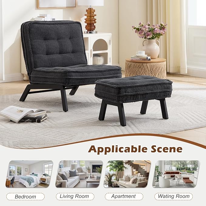 ANJ Armless Accent Chair with Ottoman Adjustable Backrest, Black Living Room Chair Tufted Upholstered Lounge Chair with Footrest Set, Modern Chair Cozy Reclining Chair for Reading Room Bedroom