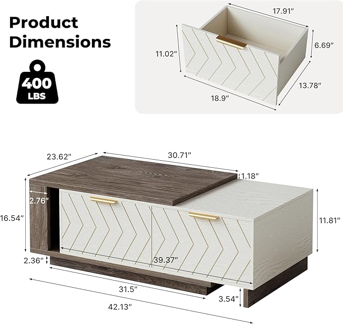 42"- 65" Extendable Coffee Table with Storage, Reversible Wood Coffee Table with 2 Drawers, Two-Tone Large Adjustable Center Table for Living Room, Office (Grey)