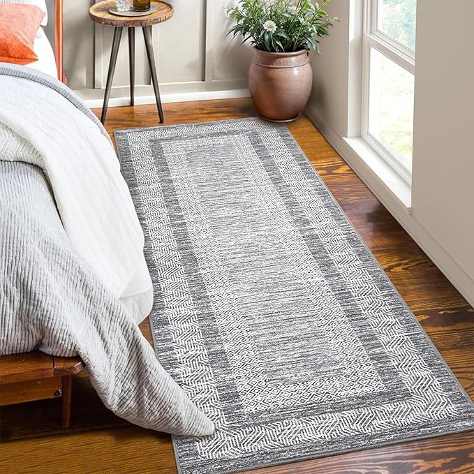 GarveeHome Washable 2.5x10 Kitchen Runner Rug, Easy Clean Geometri Rugs for Hallway Entryway, Indoor Outdoor Non Slip Rug Farmhouse Morden Carpet Door Mat Area Rug for Laundry Room Grey
