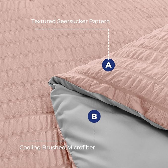 HYMOKEGE Rose Gold/Light Grey King Size Comforter Set Seersucker 7 Pieces, All Season Luxury Bed in a Bag for Bedroom, Bedding Set with Comforter, Sheets, Pillowcases & Shams
