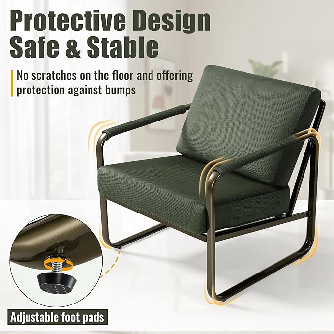 PrimeZone Mid-Century Modern Accent Chair Set of 3 - Comfy Fabric Living Room Chair, Lounge Armchair with Extra Soft Padded & Cushion, Ergonomic Accent Chair for Bedroom Office, Dark Green