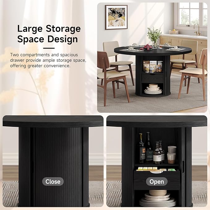 Round Dining Table for 4-6 Seats, 47" Circle Kitchen Table with Storage Drawer, Modern Mid-Century Pedestal Dinner Tables, Fluted Wood Base, Space Saving Dining Room Furniture for Family Party, Black