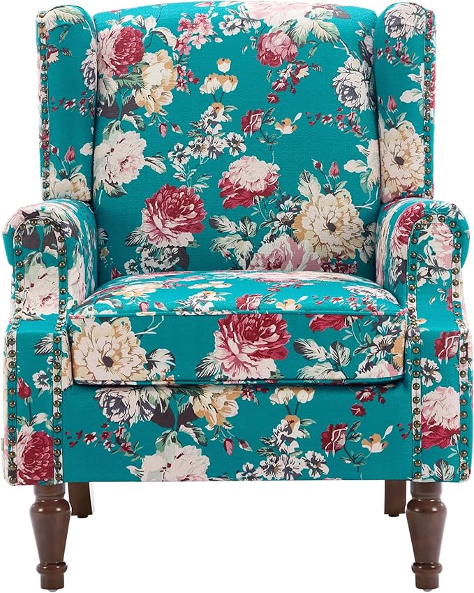 High Back Floral Accent Chairs Set of 2, Upholstered Armchair in Fabric, Retro Printed Wingback Arm Chair for Living Room, Nailhead Trim Single Sofa Bedroom Reading Seat - Peacock Blue