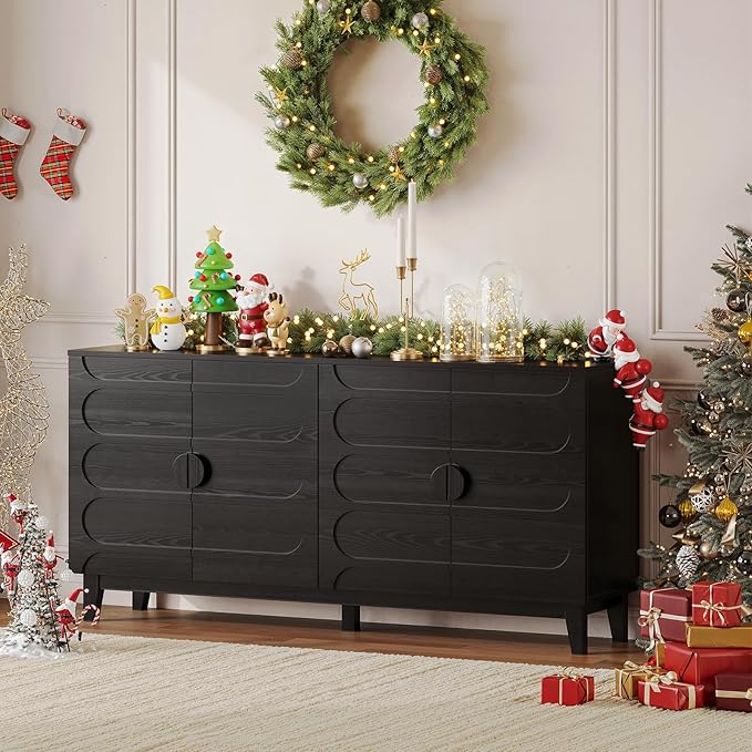 ONBRILL 63" Sideboard Buffet Cabinet with Storage, Large Buffet Cabinet with 4 Circular Panel Design Doors and Adjustable Shelves, Modern Sideboard for Living Room, Kitchen (Black)