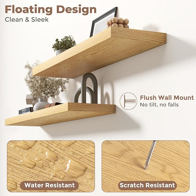 Floating Shelves for Wall with Invisible Brackets, Wall Mounted Engineered Wood Shelves with Wood Grain for Living Room, Bedroom, Bathroom, Kitchen Decor and Storage, Oak, 8"L Set of 3, Oak