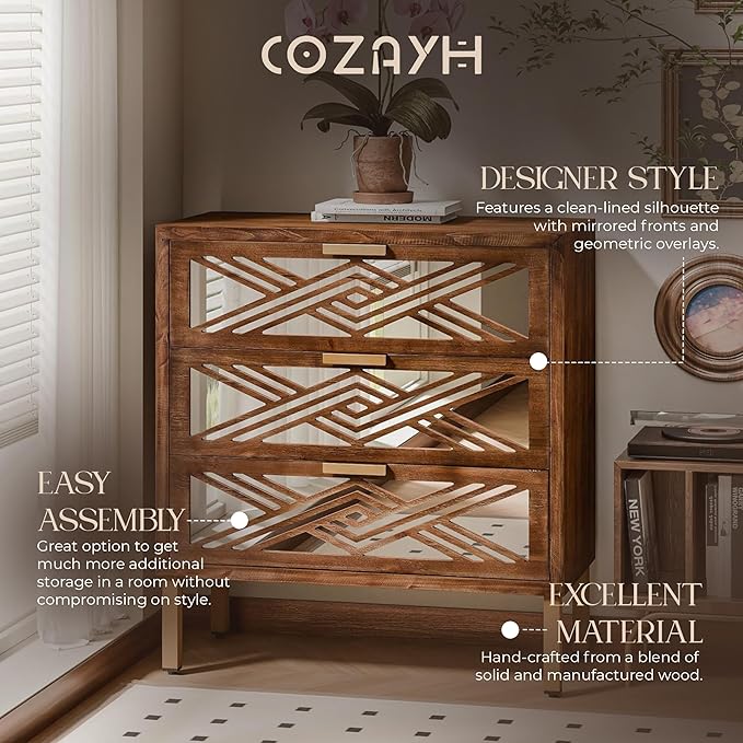 COZAYH 3-Drawer Accent Dresser, Geometric Mirror Front Drawer Organizer Chest with Metal Handles & Legs - Modern Living Room, Entryway, or Bedroom Furniture