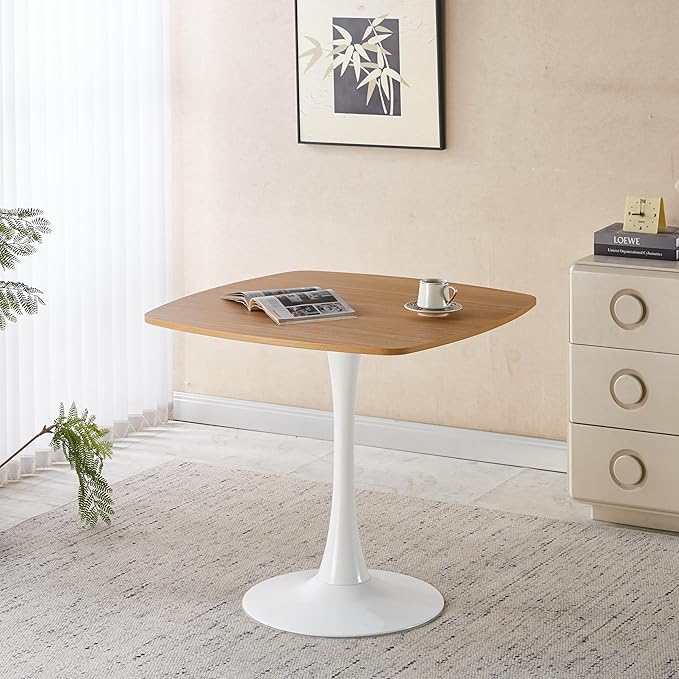 31.5 inches Square Dining Table for 4, Natural Special Kitchen Table with Tulip Shape & Metal Pedestal Base, Mid Century Modern Bistro Tulip Table for Kitchen, Small Space, Cafe